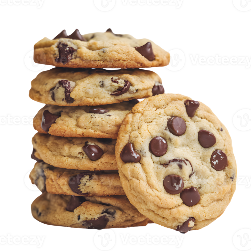 Stack of golden brown chocolate chip cookies, one leaning against the stack png