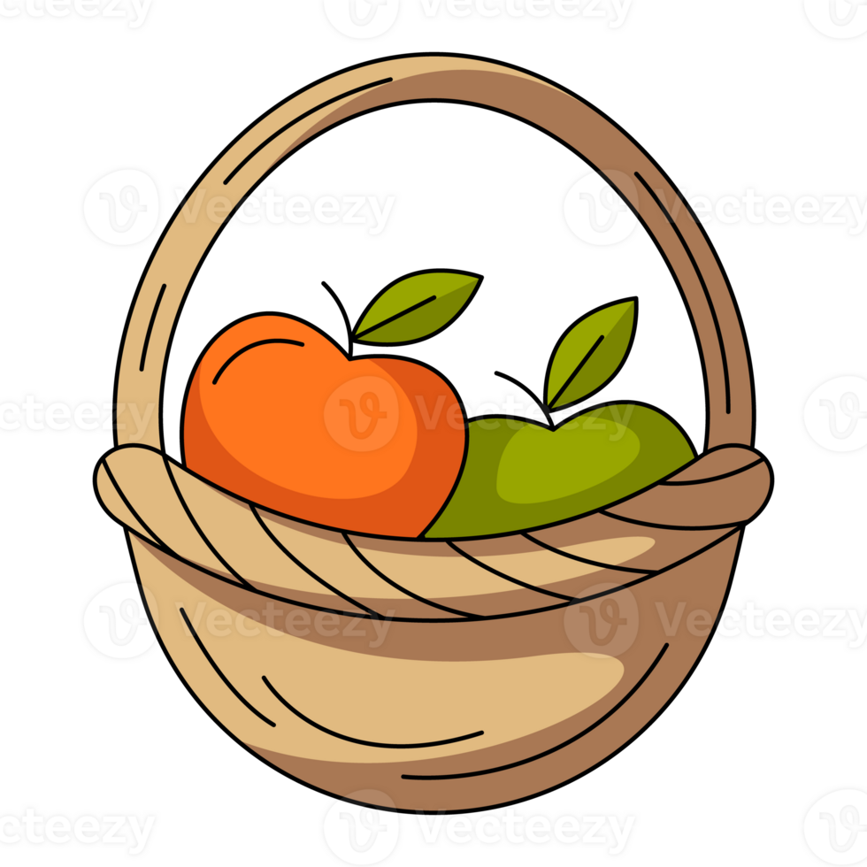 Apple basket. Fall or summer garden harvest, healthy food, fruit. Flat simple element, color illustration. For logo, sticker, print, web design, scrapbooking png