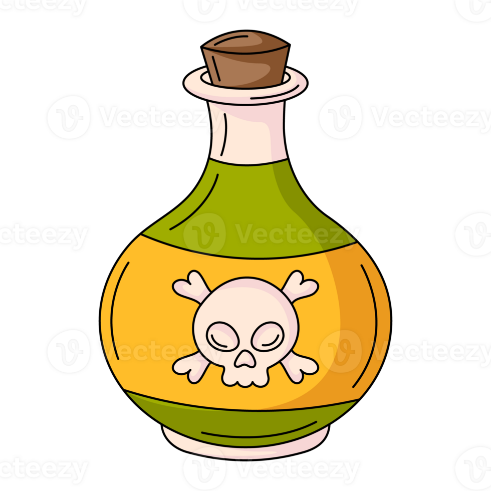 Magic potion in a bottle. Traditional Halloween symbol. Flat simple element, color illustration. For logo, sticker, print, web design, scrapbooking png