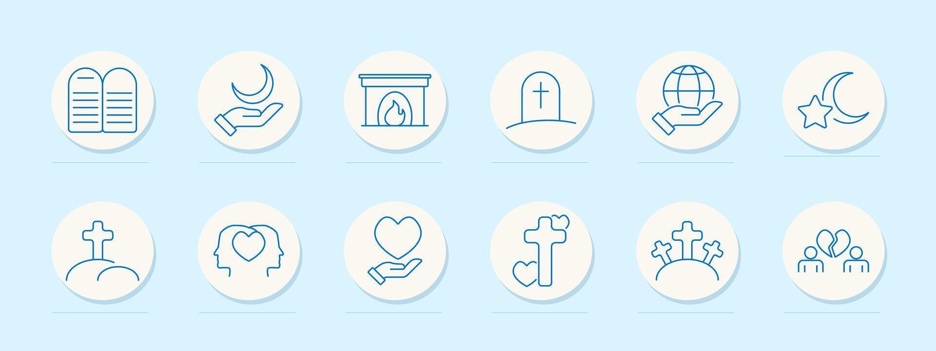 Religion set icon. Tablets, hand with crescent, fire, grave, hand with globe, star and moon, cross, head with heart, hand with heart, cross on hill, broken heart. vector
