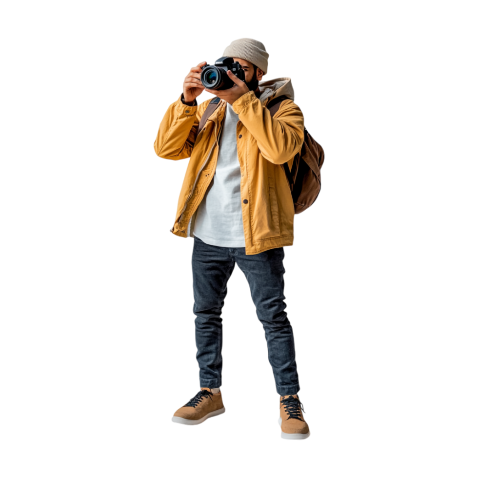 Man in yellow jacket taking photo with camera png