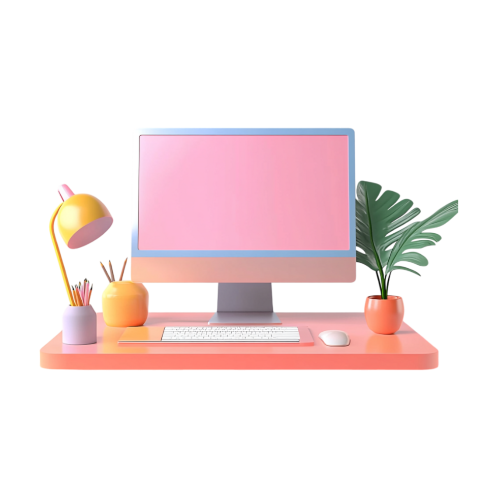 A pink computer monitor, keyboard, and lamp on a desk png