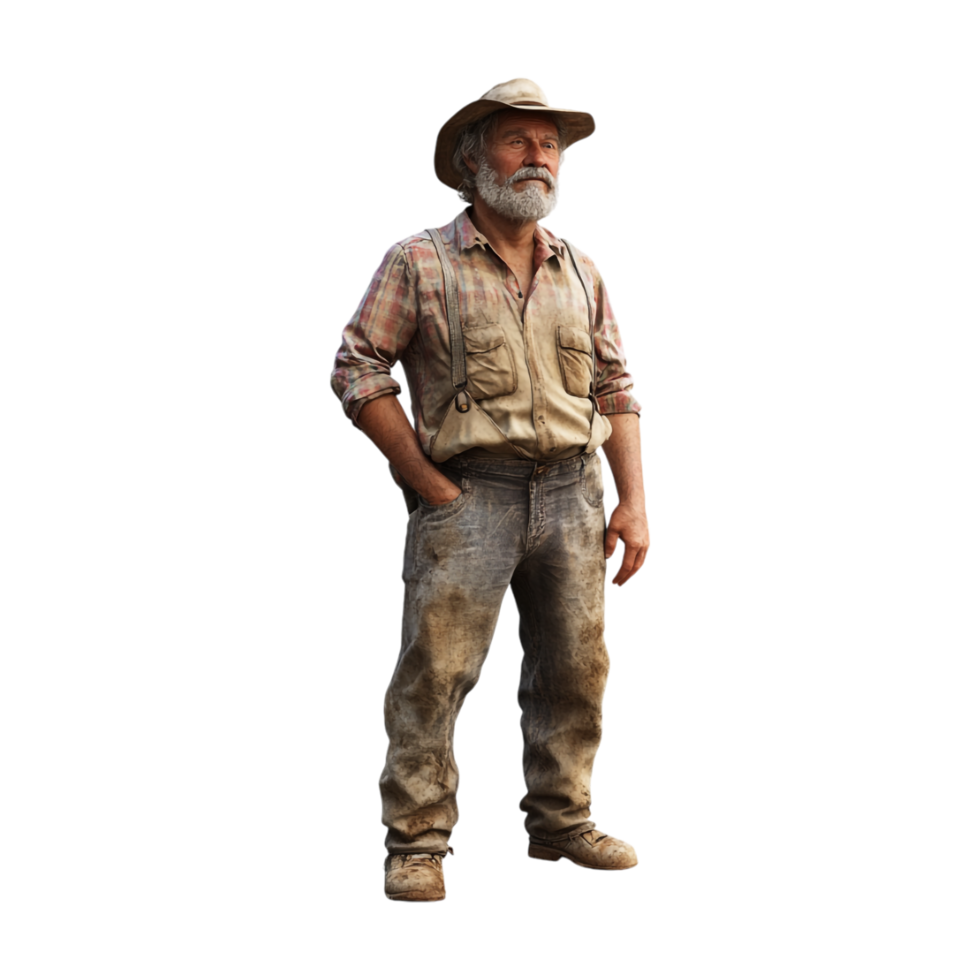 A man in a hat and overalls standing png