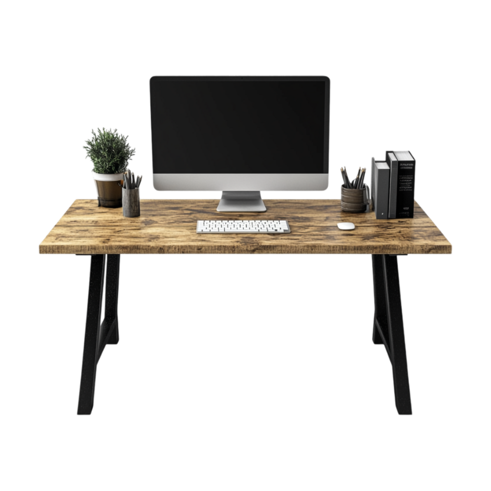 A computer desk with a monitor, keyboard and mouse png