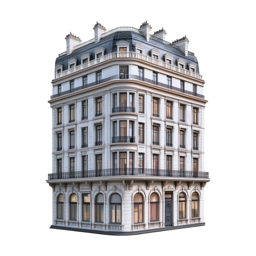 A 3d model of a building with balconies png