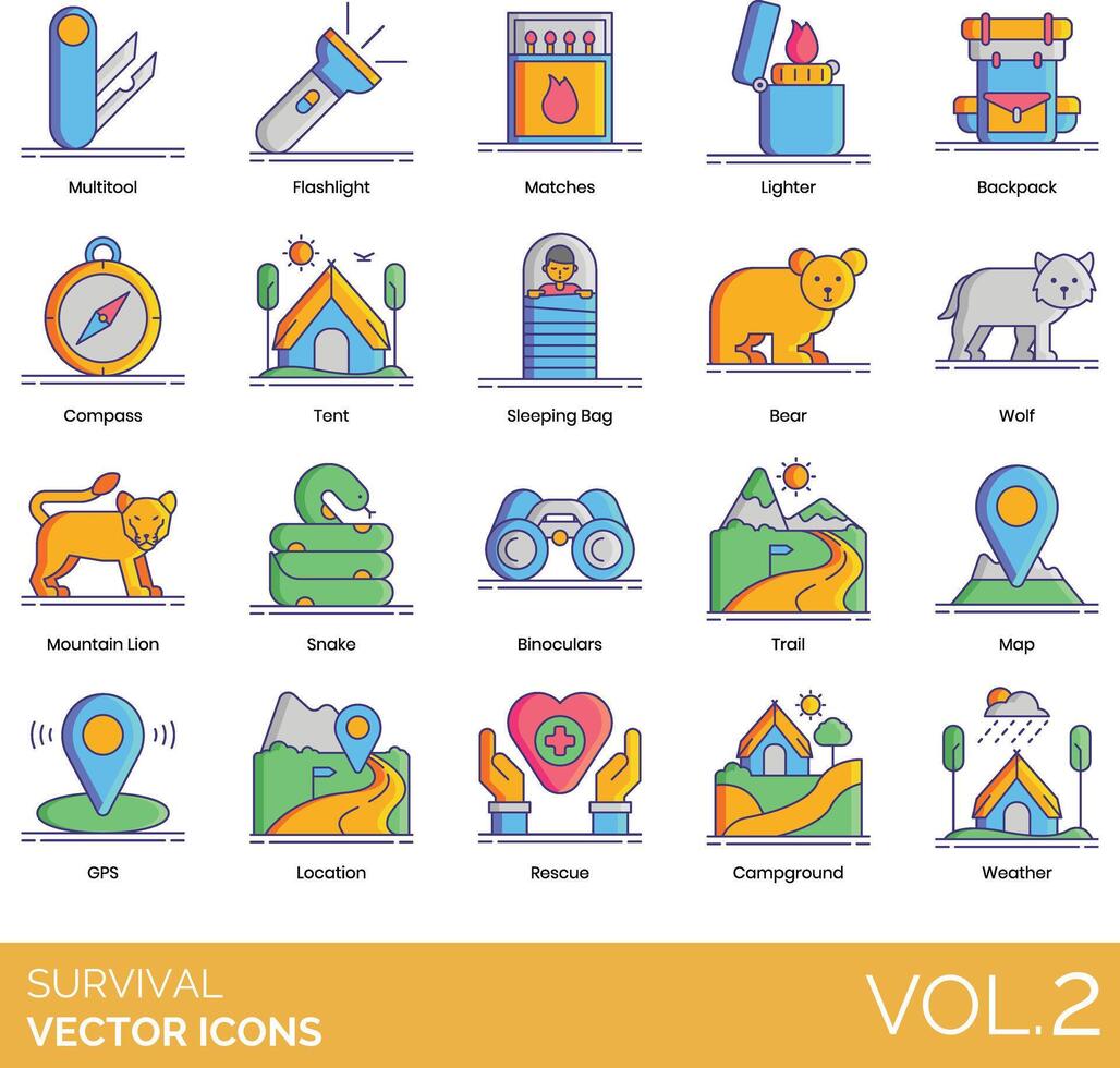 The set of survival icons includes a map, compass, compass, compass, map, map, vector