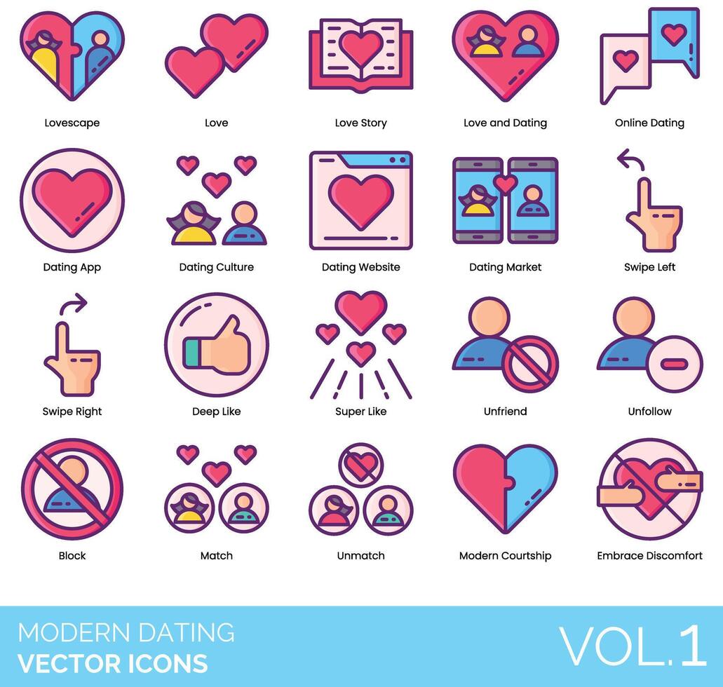 Modern dating icons, set of icons for dating, love, friendship, love, friendship, vector