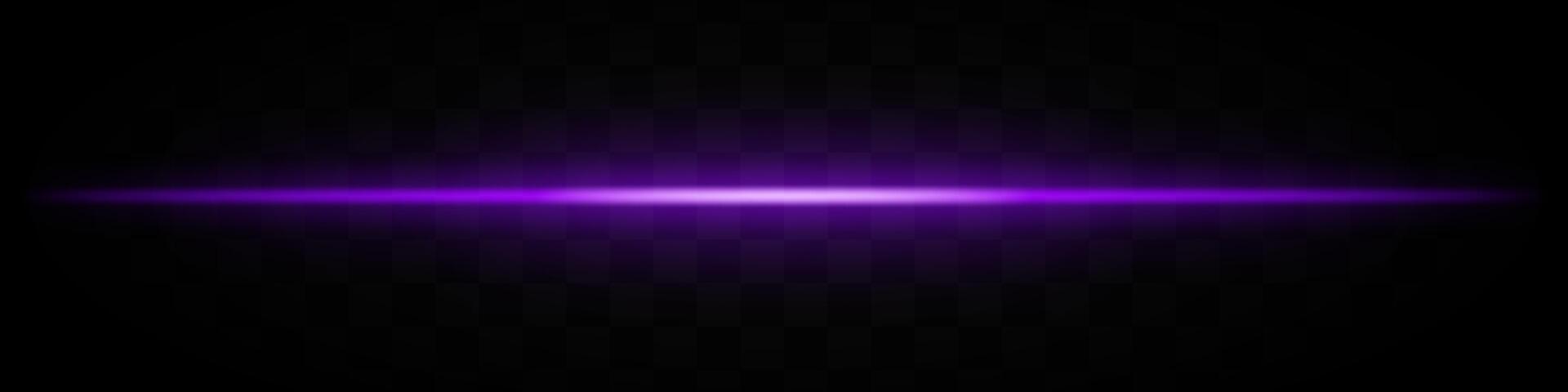 Purple light beam. A sharp horizontal purple beam with a bright center, fading into darkness on both sides. Ideal for sci-fi designs, light transitions, or futuristic effects. vector