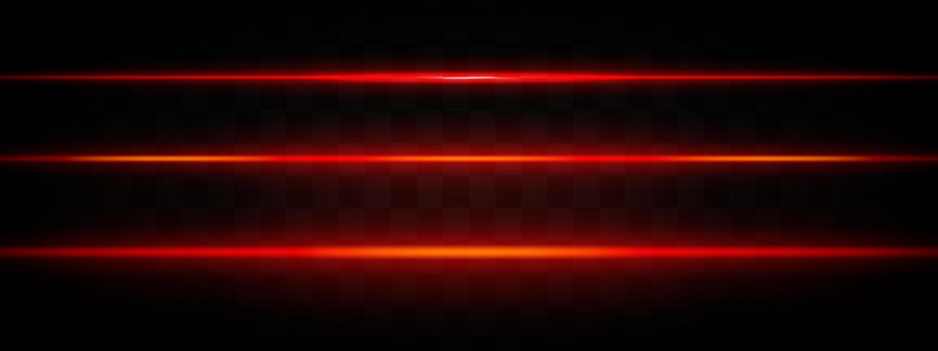 Red light beams. Three horizontal red and orange glowing beams with a bright center and fading edges on a dark background. Suitable for futuristic, sci-fi, or tech-themed designs. vector