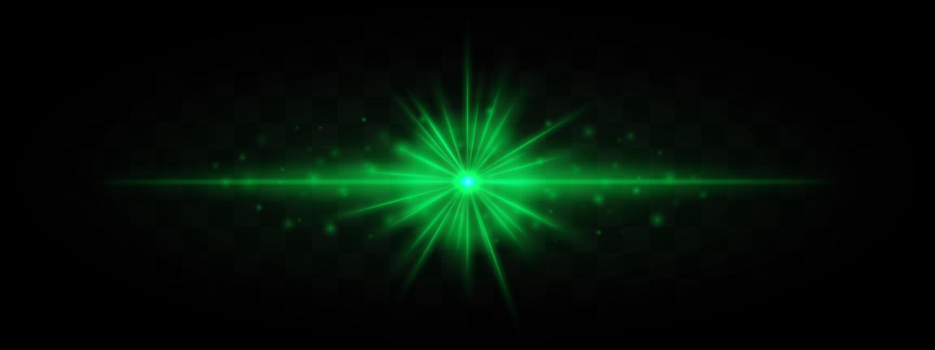 Horizontal green laser beam with starburst effect and scattered glowing particles on a transparent background. Ideal for sci-fi, futuristic, or technology-themed designs. vector