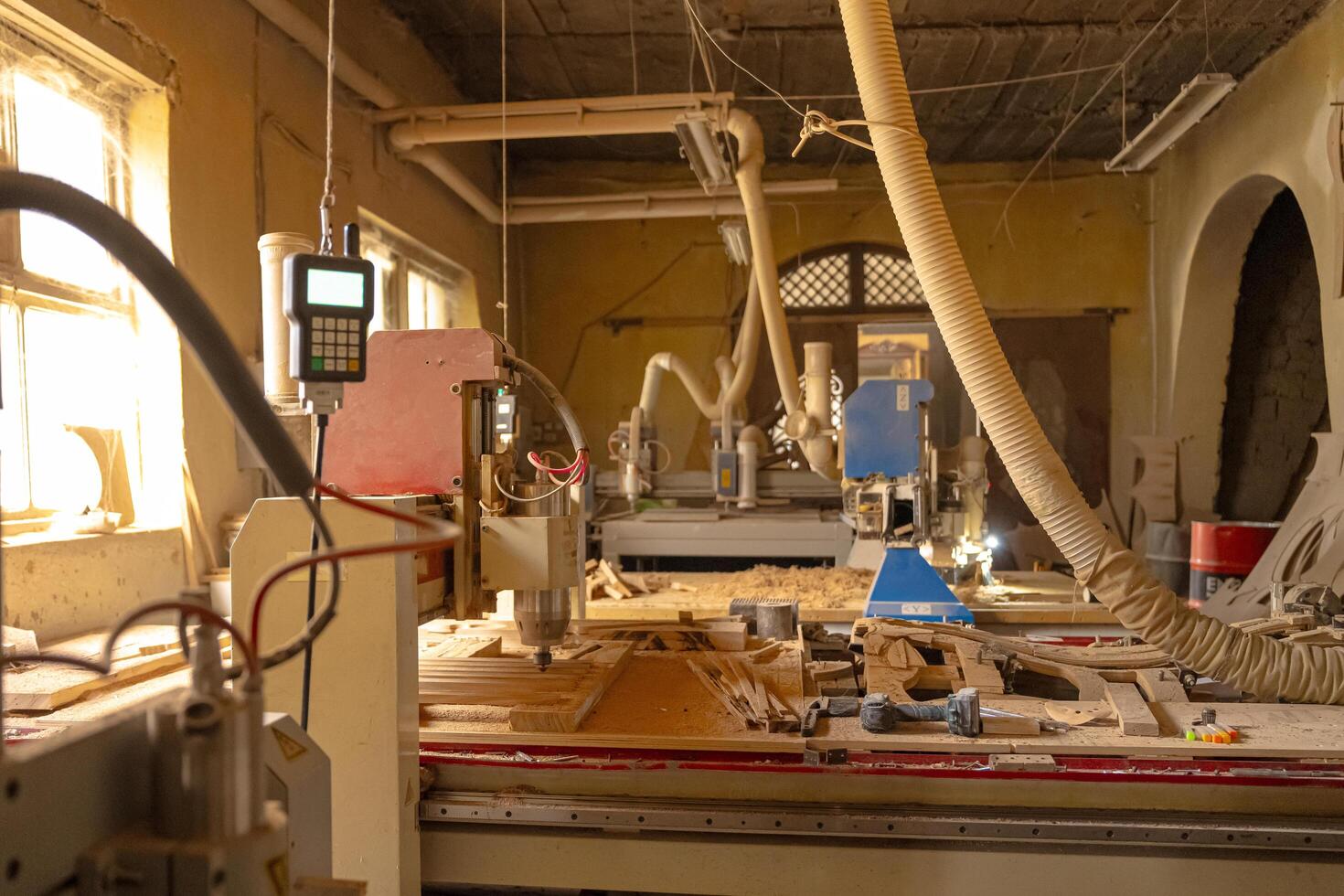 Machine Tool Equipment Industrial Workshop Enterprise Wood Processing Wooden Planks. photo