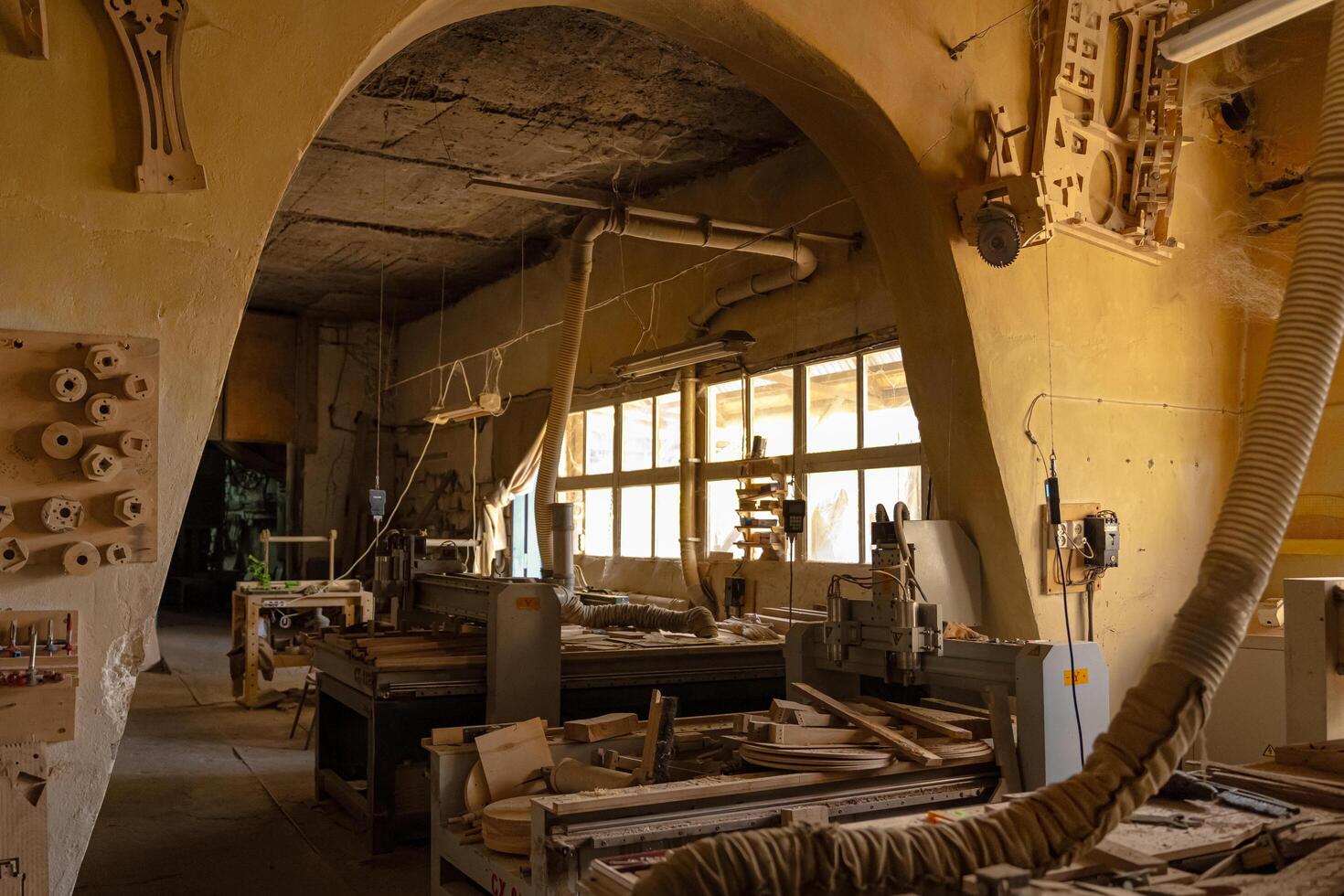 Machine Tool Equipment Industrial Workshop Enterprise Wood Processing Wooden Planks. photo