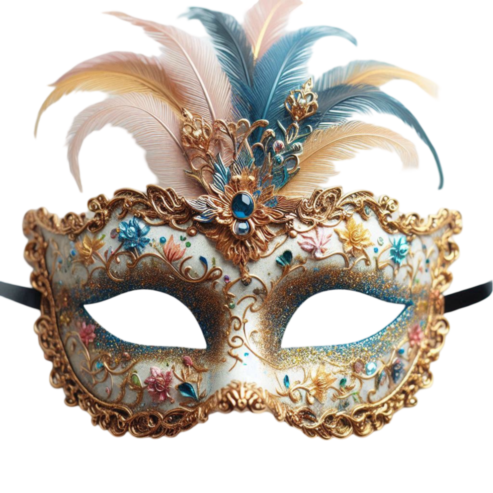 A Masquerade Mask with Feathers and Gold Trim png