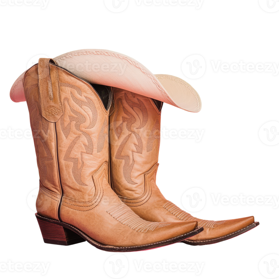 A pair of cowboy boots with a hat on top png