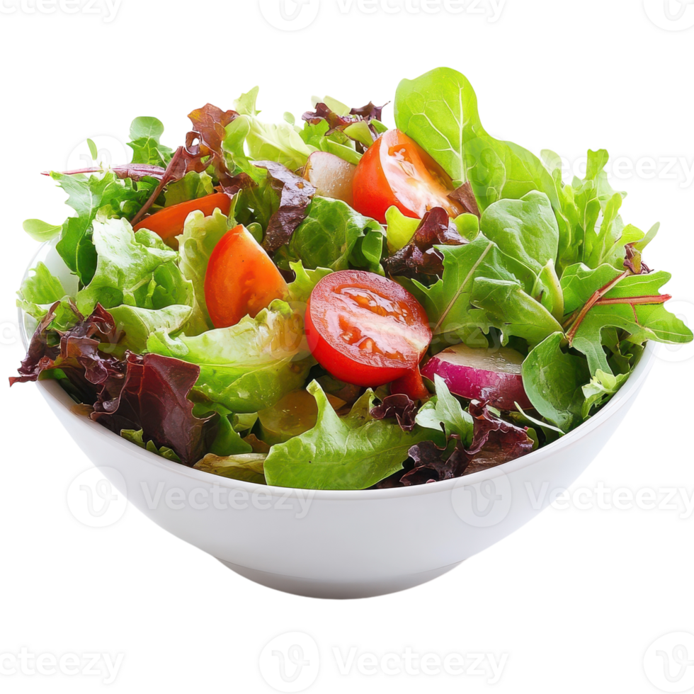 A salad in a white bowl with tomatoes, lettuce and other vegetables png