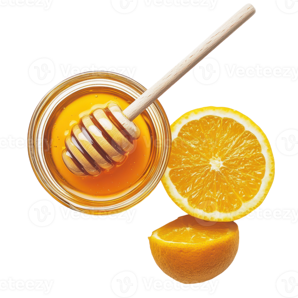 A jar of honey and a slice of orange png