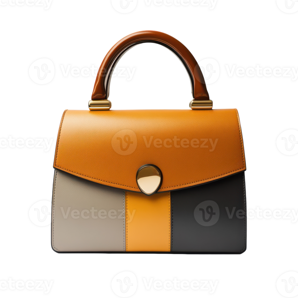 The small handbag in orange, grey and brown png