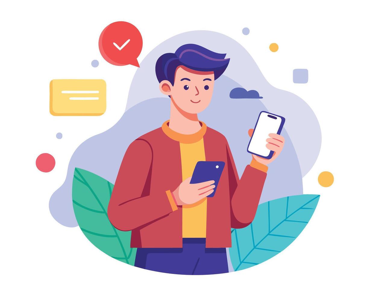 Man using smartphone, chat with friends, social media, social network, social media, social network vector