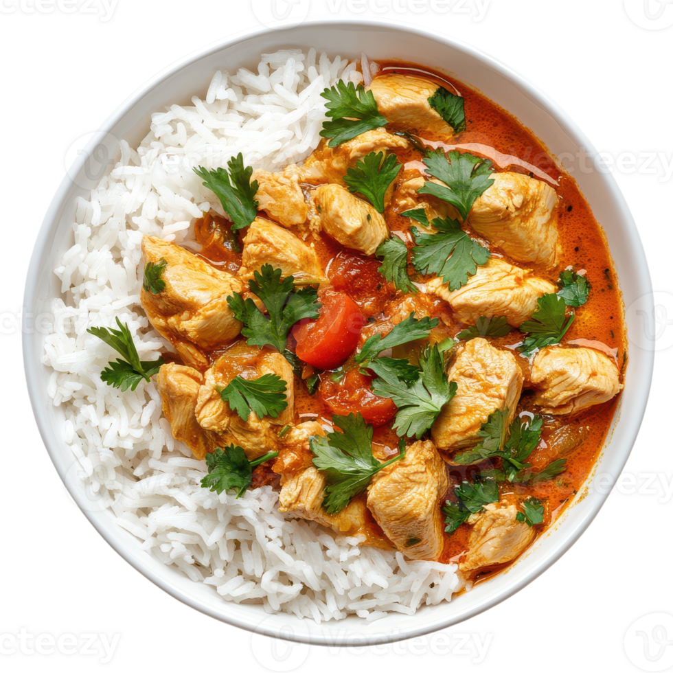 A bowl of chicken curry with rice and garnished with cilantro png