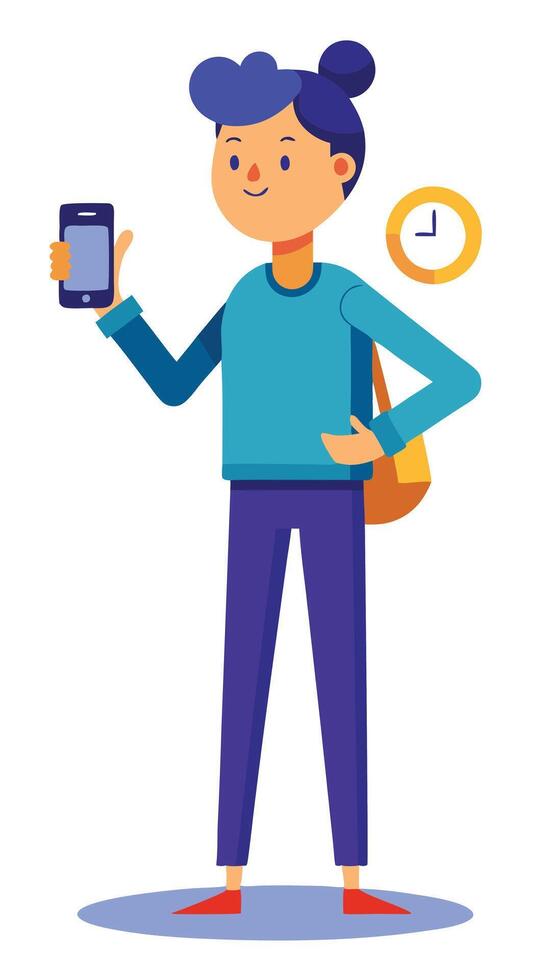 A woman holding a phone and a clock vector