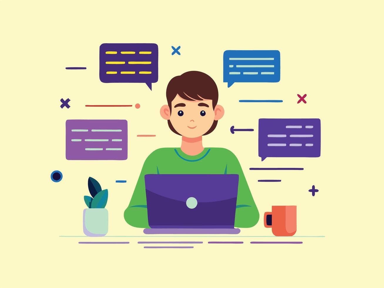 A man is sitting at a desk with a laptop and speech bubbles vector