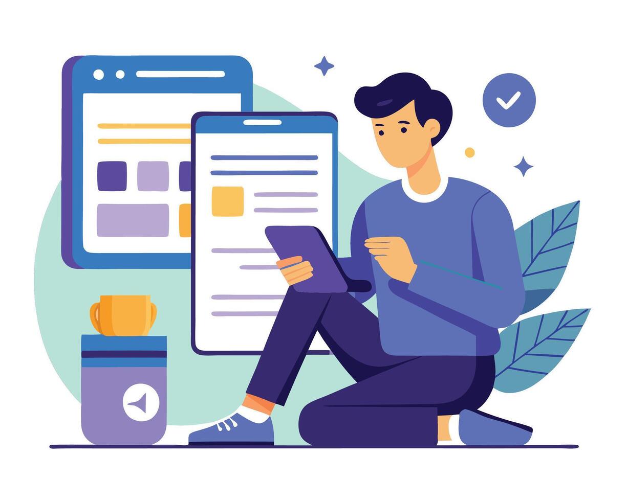 Man using tablet and phone in flat style illustration vector