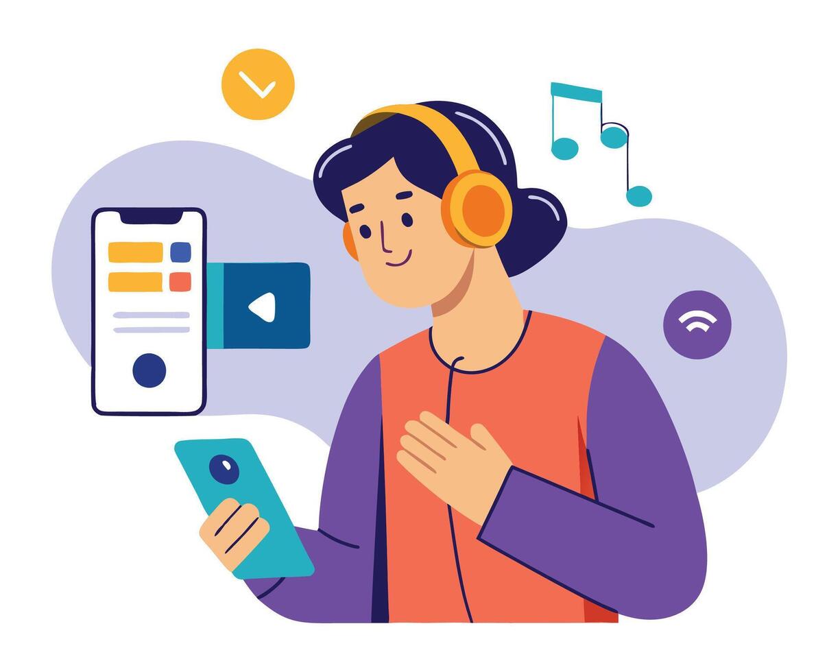A woman with headphones and a smartphone vector