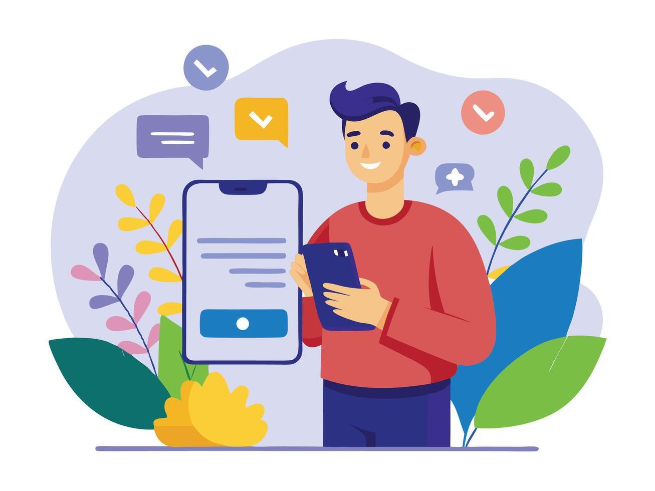 Man using smartphone with social icons vector