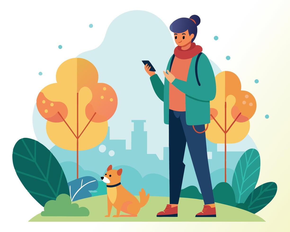 A woman and her dog are standing in the park and using their phones vector