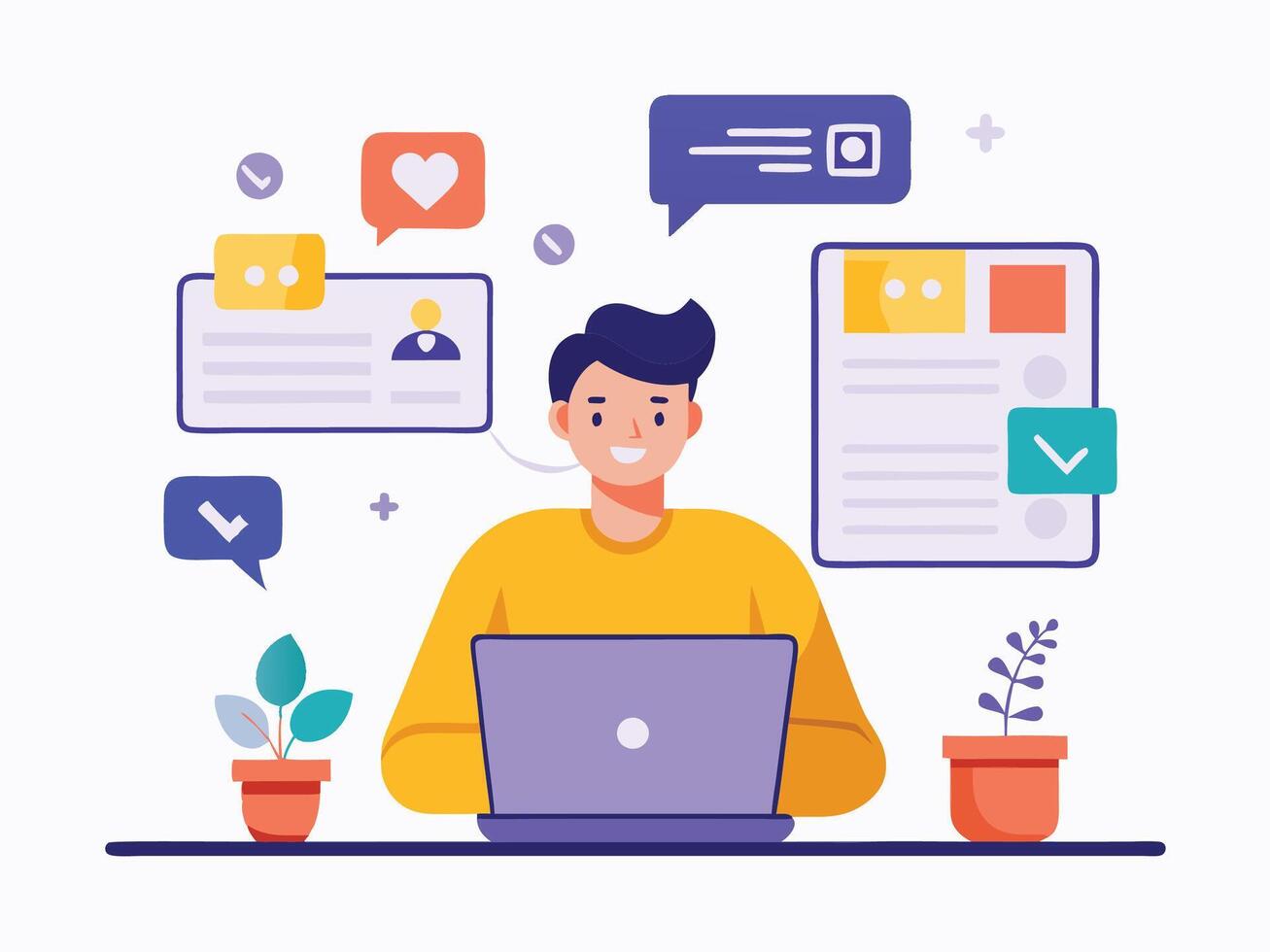 A man is working on his laptop with social icons around him vector