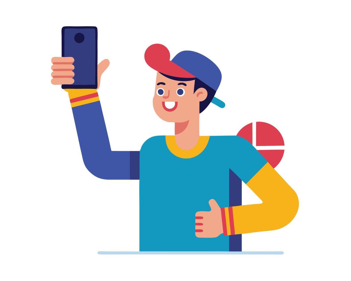 A man holding up a phone and taking a selfie vector