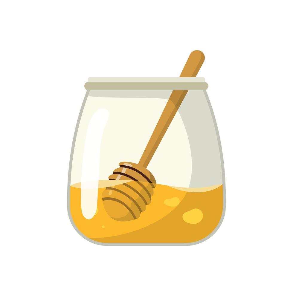 A glass jar with honey and dipper spoon. Cartoon illustration. Isolated on white background. vector