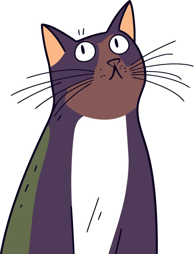 Cartoon Illustration of a Curious Cat with Wide Eyes and Whiskers vector