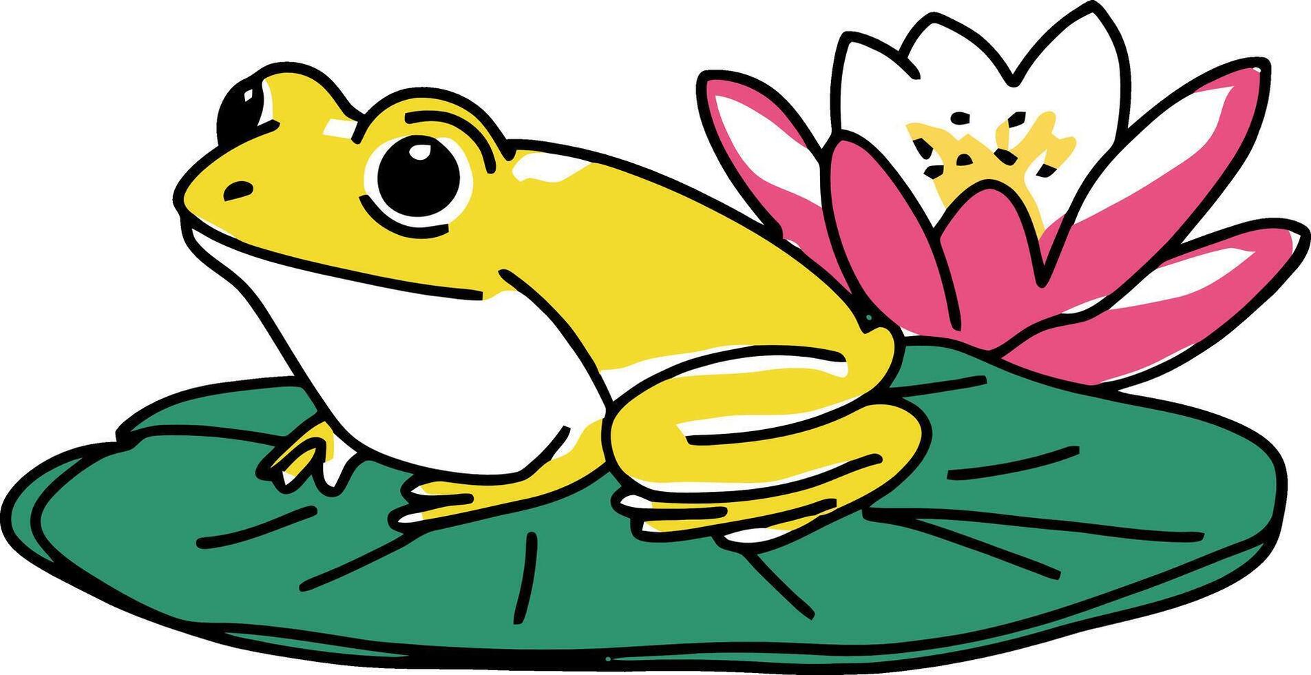Yellow Frog on Green Lily Pad with Pink Water Lily Illustration vector