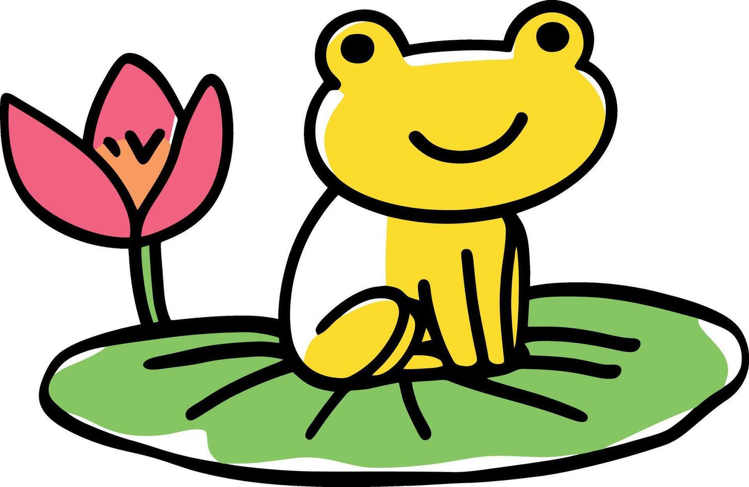 Smiling Cartoon Frog on Lily Pad with Blooming Lotus Flower in Simple Illustration Style vector