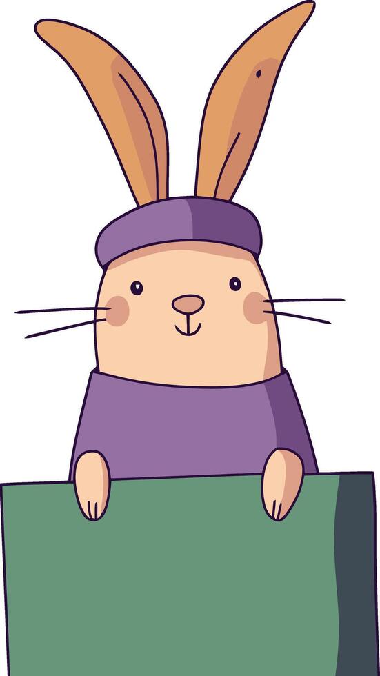 Cute Cartoon Bunny with Long Ears and Purple Sweater Holding a Green Sign vector