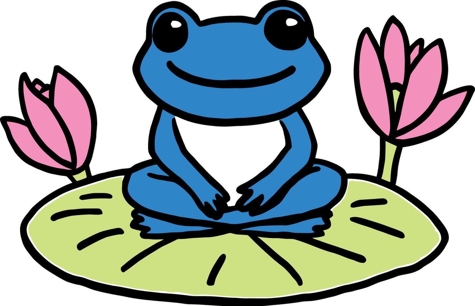 Cute Blue Frog Sitting on Lily Pad with Pink Flowers - Cartoon Illustration vector
