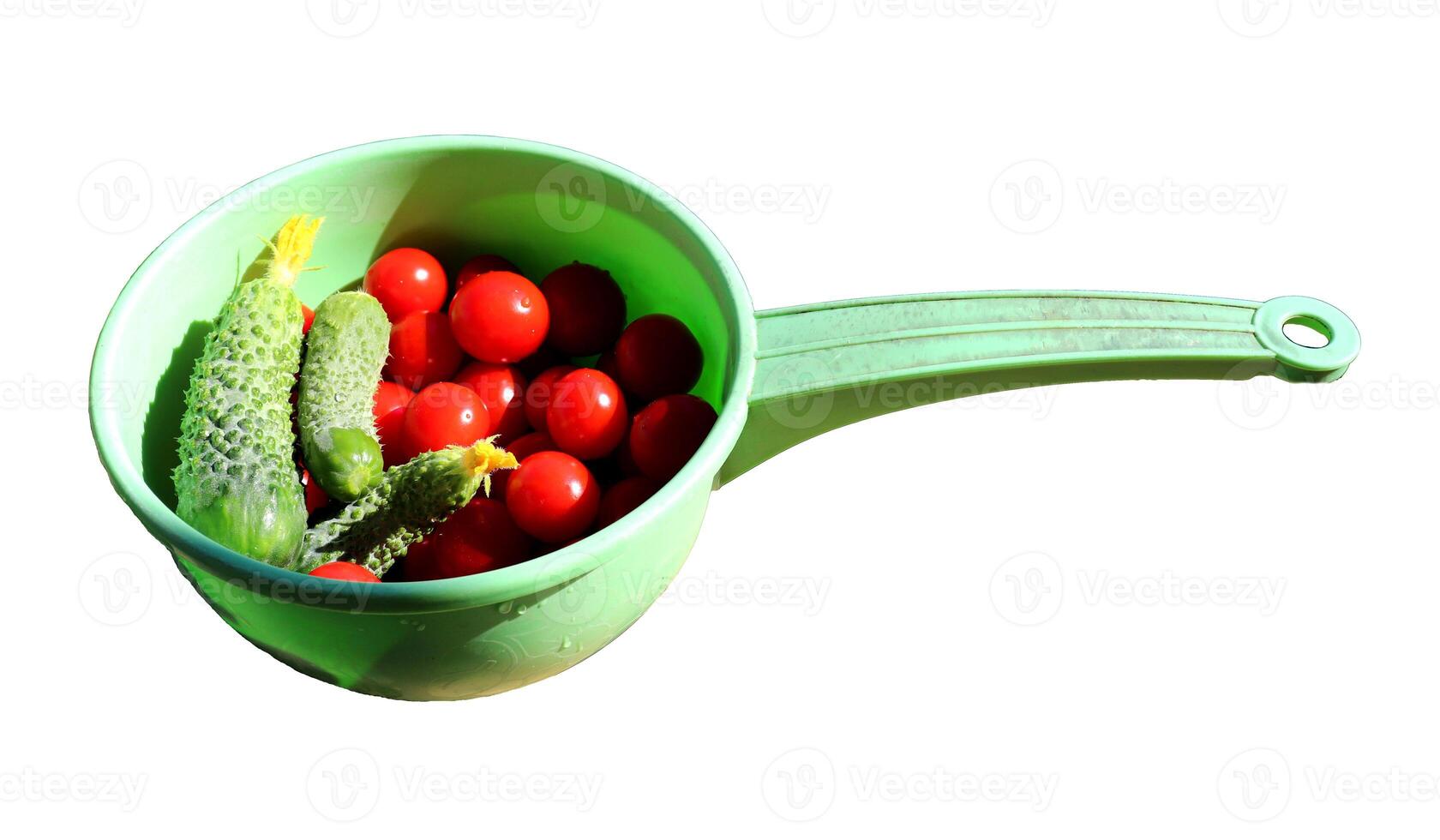 Plastic ladle with fresh washed vegetables tomatoes and cucumbers - color photo, isolate for design photo