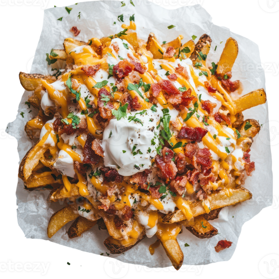 A pile of fries topped with cheese and bacon png