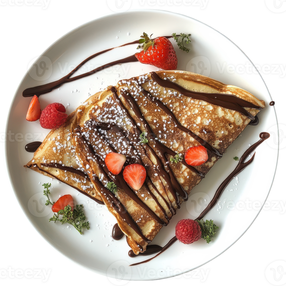 A plate with a crepe and strawberries on it png