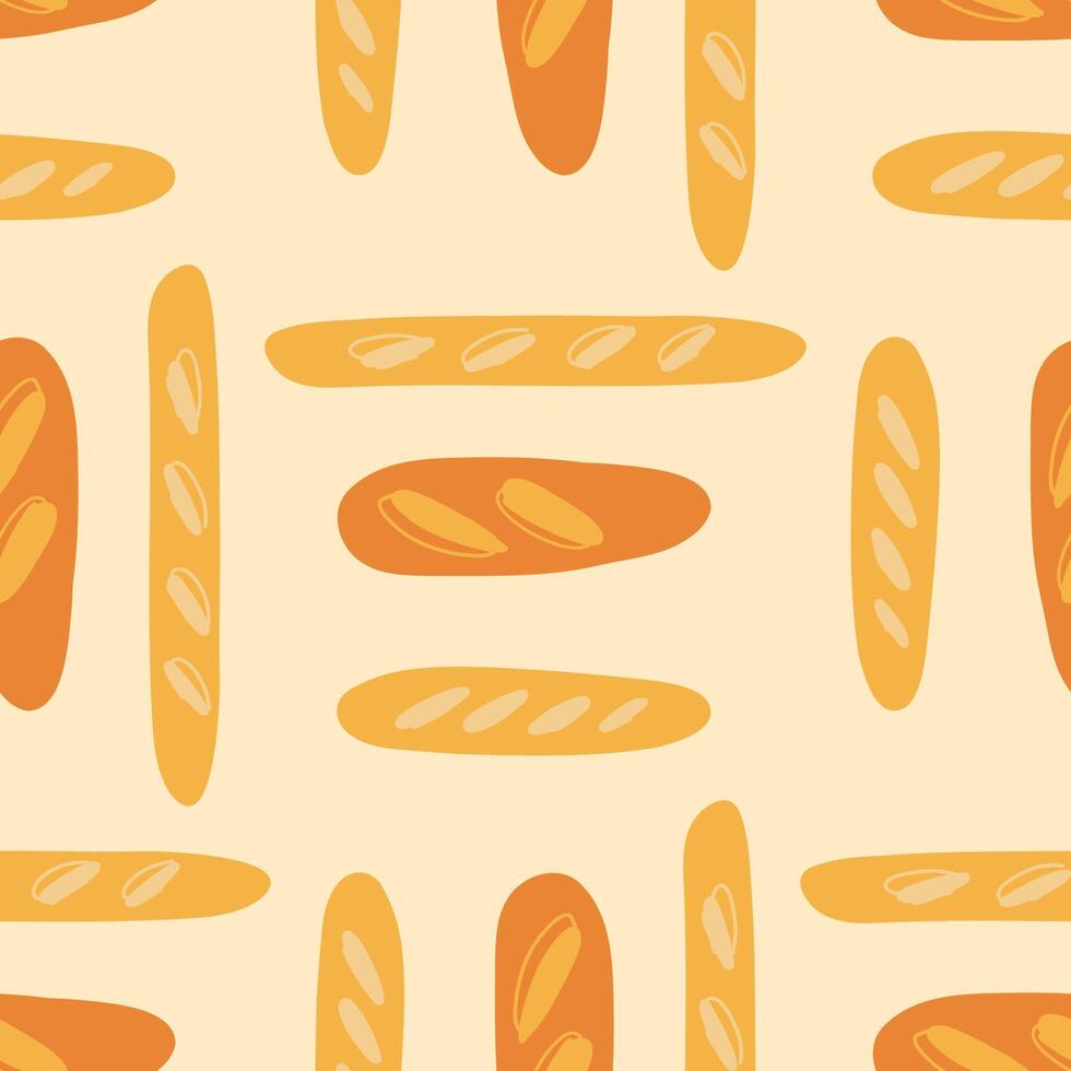 Seamless flat pattern of hand-drawn baguettes in warm tones, ideal for bakery-themed designs, packaging, backgrounds, or textile prints, showcasing artisan bread and minimalist style vector