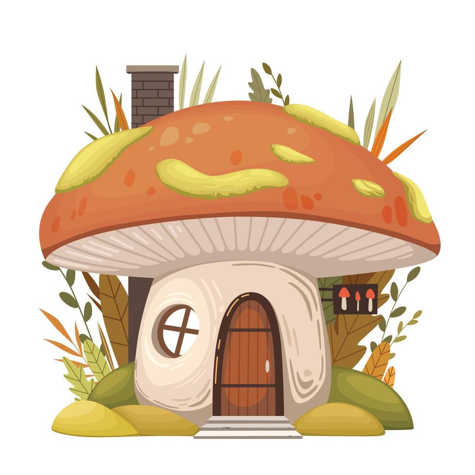 Mushroom house with chimney and moss on the roof in the forest - cartoon fairy tale home. Cute enchanted mushroom illustration for nursery, greeting cards vector