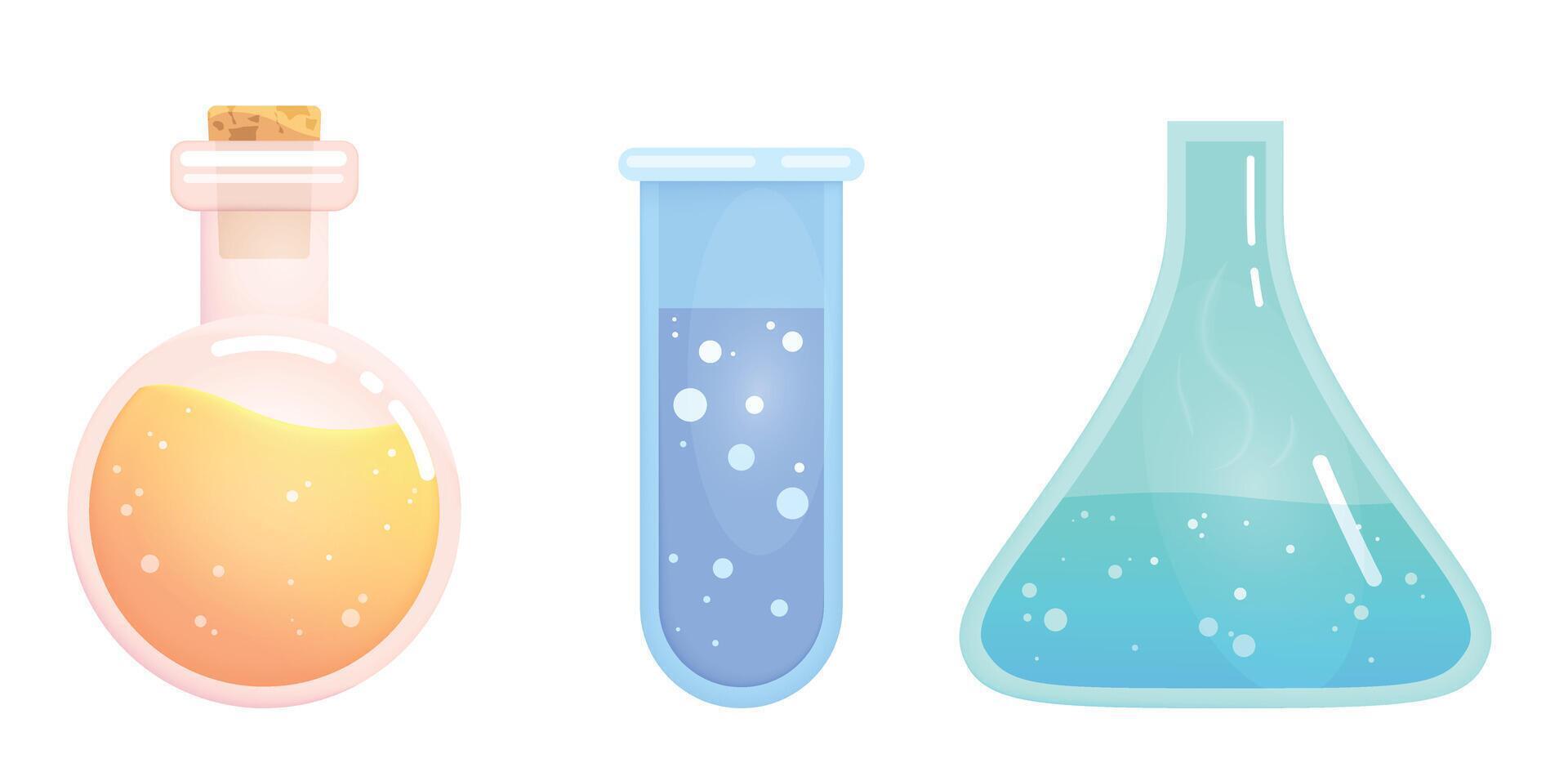Set of flasks with magical potions. Cartoon illustration. Blue, turquoise and yellow potion bottles vector