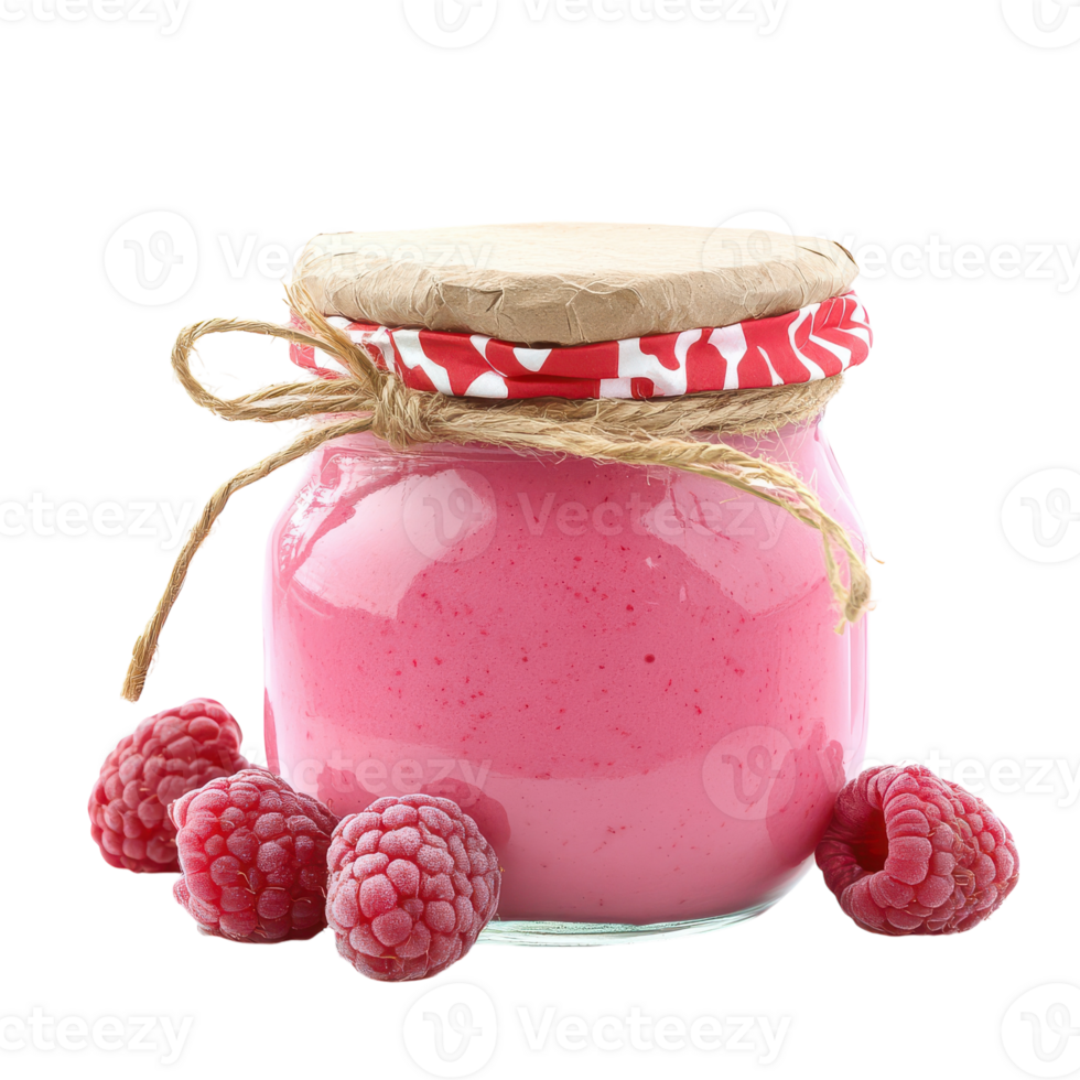 A jar of raspberry yogurt with raspberries png