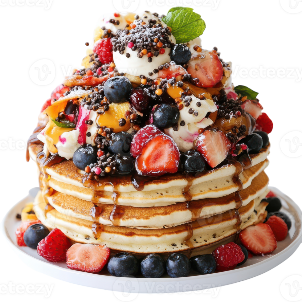 A stack of pancakes topped with fruit and syrup png