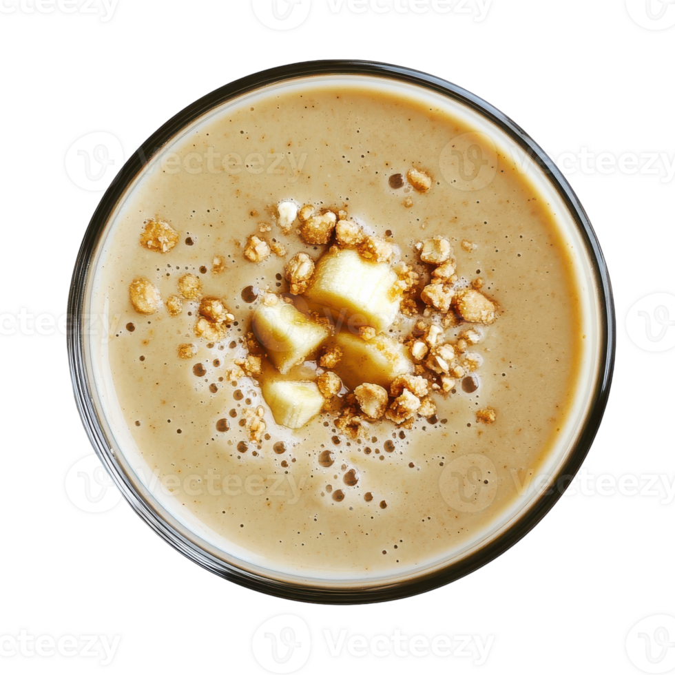 A smoothie with nuts and a banana on top png