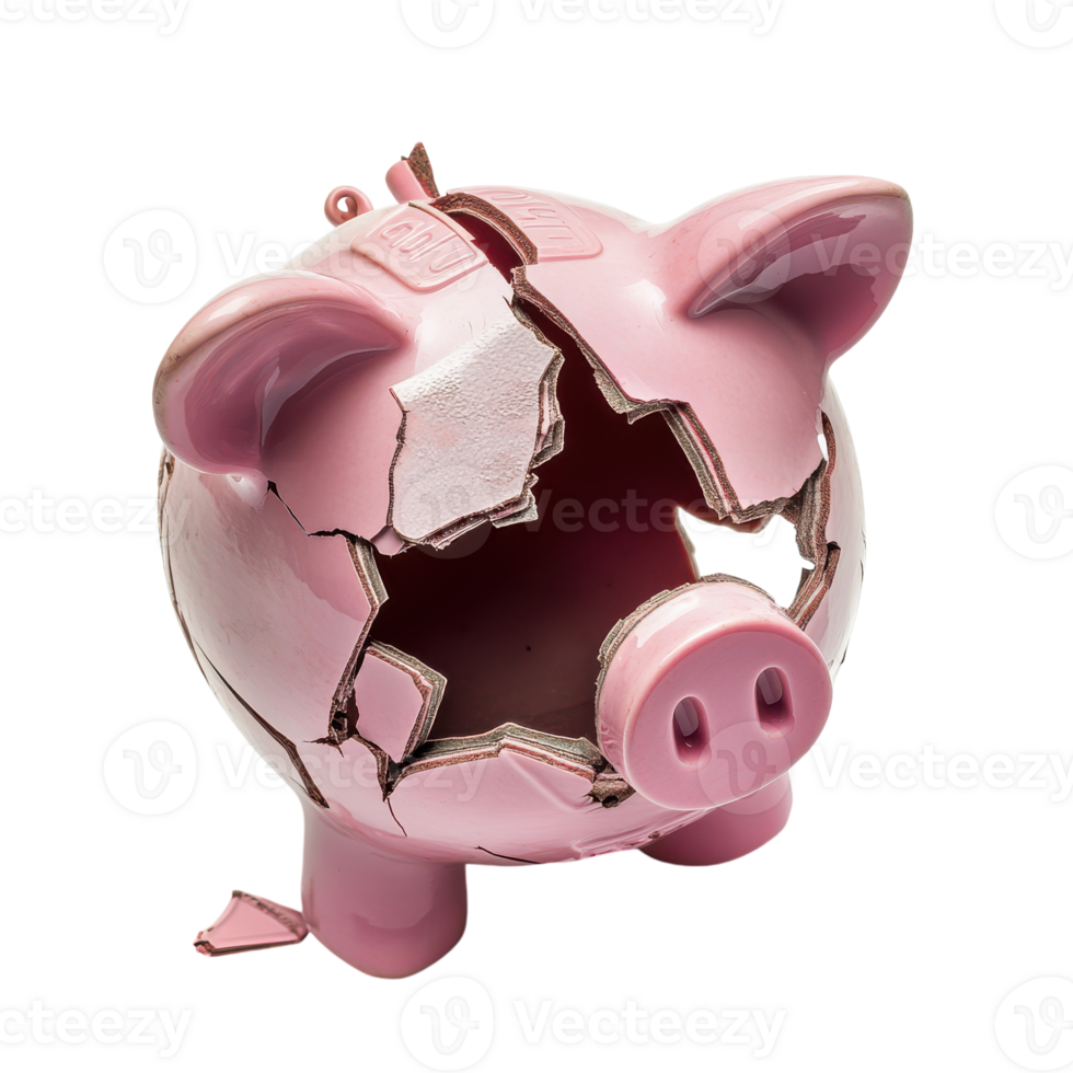 A pink piggy bank with a cracked shell png