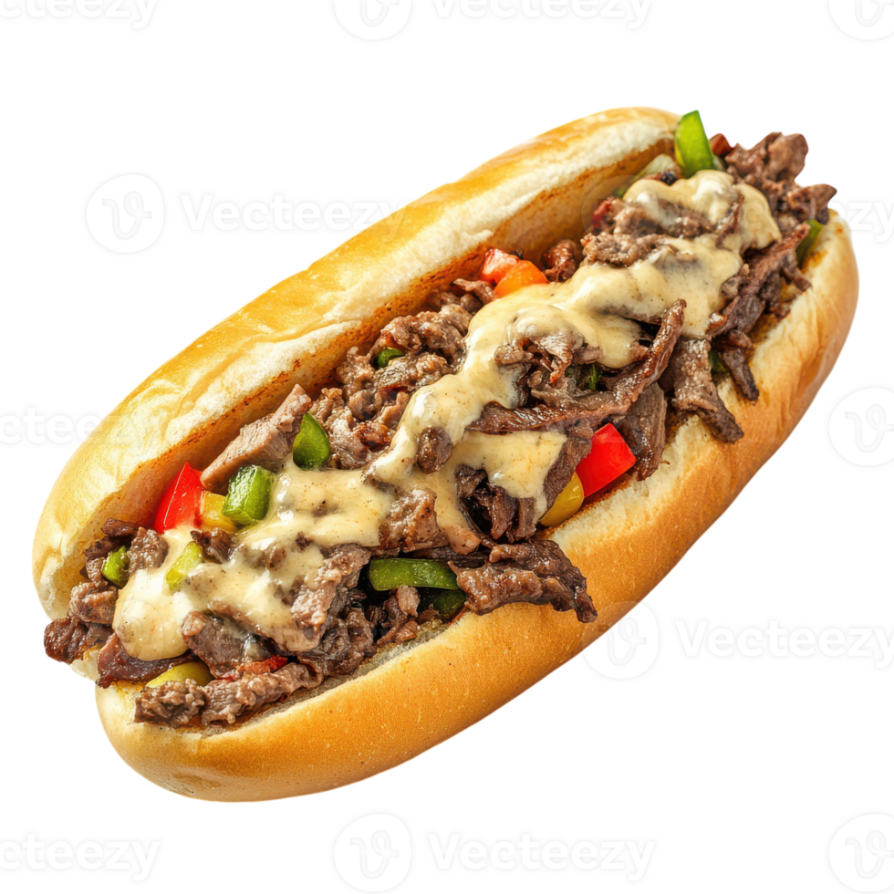 A beef sandwich with cheese and peppers on a bun png
