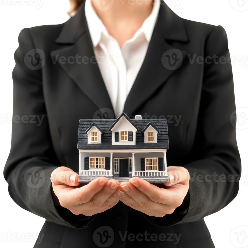 A woman in a business suit holding a house model png