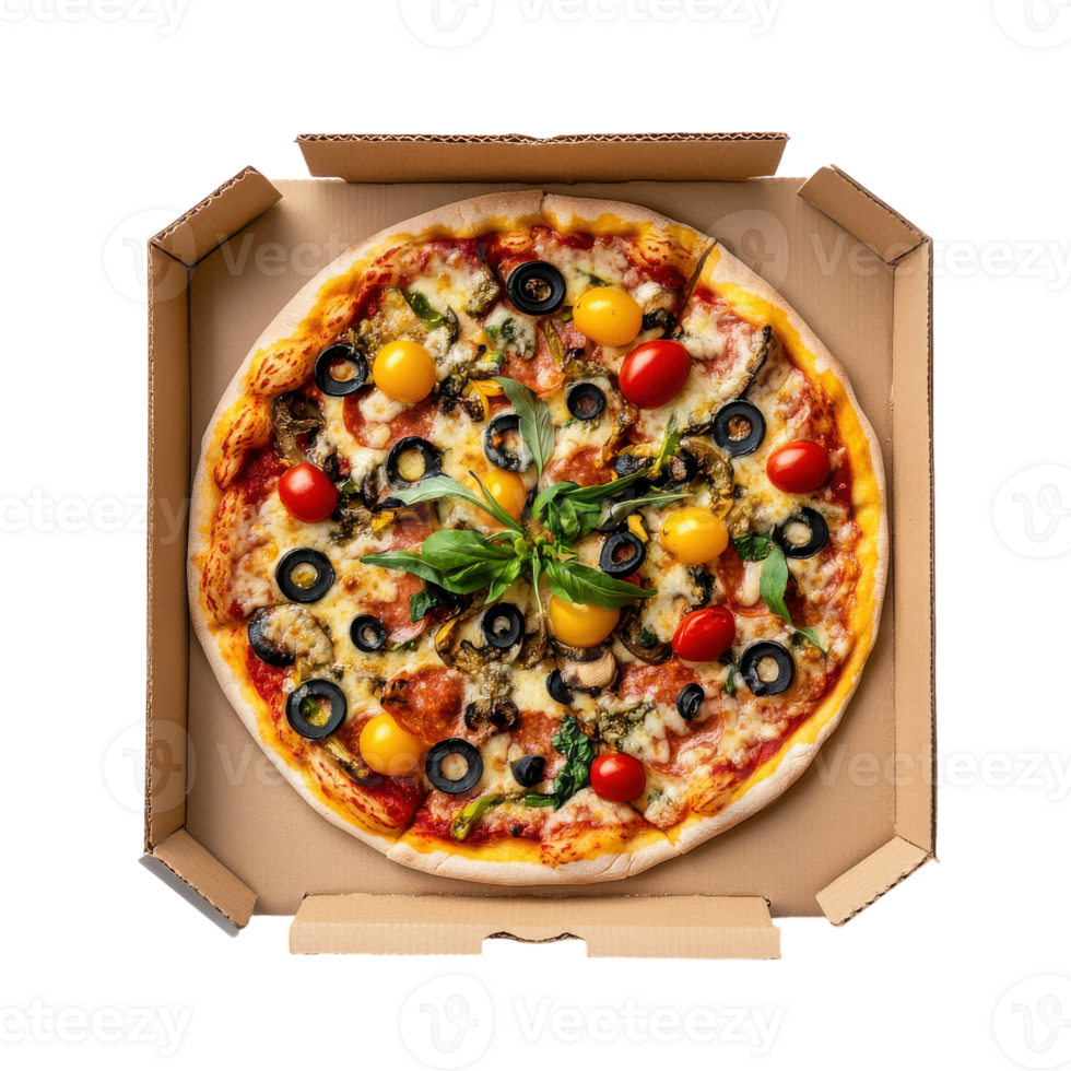 A pizza in a cardboard box with olives and tomatoes png
